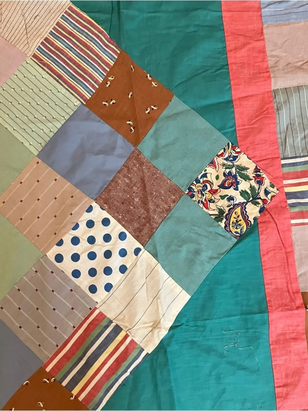 VTG Handmade Hand Pieced Stitched Scrap  57x63 Quilt Top Farmhouse Cottagecore